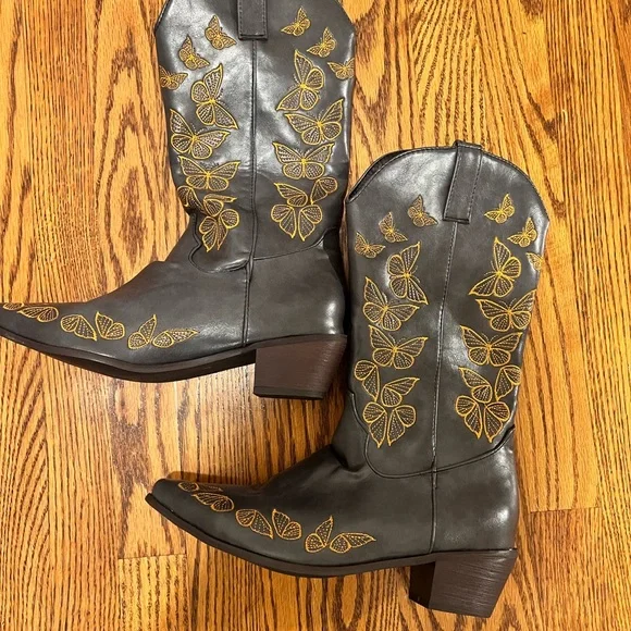 Embroidered Pull-On Chunky Heel Cowgirl Western Boots - Picture 9 of 10